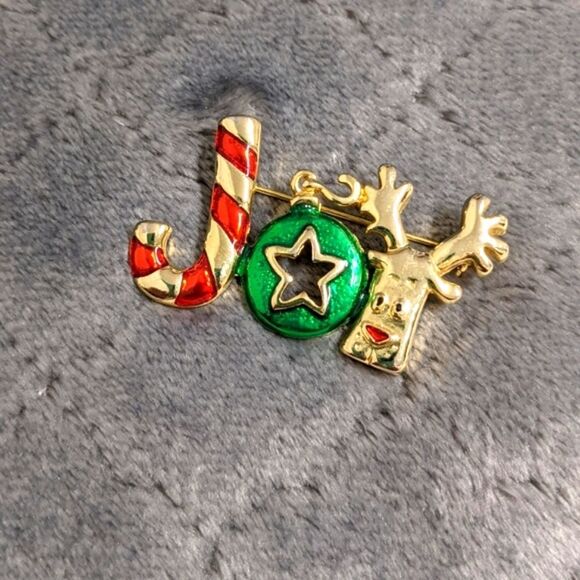 Vintage 1980's Christmas "Joy" Enameled and Goldtone Brooche - Picture 9 of 9